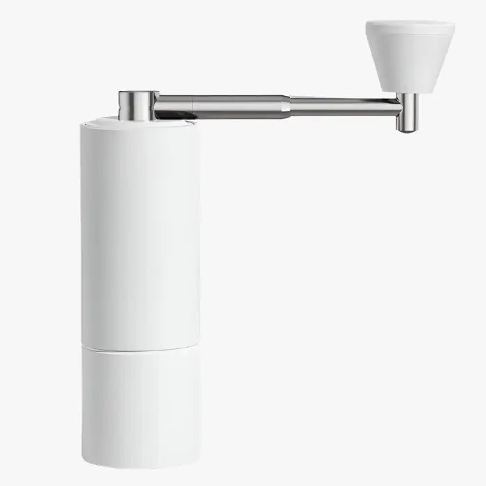 Witte Timemore C3S Pro koffiemolen met ergonomische hendel, ideaal voor nauwkeurige en stijlvolle koffiebonenmalen thuis.