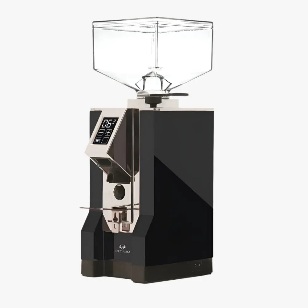 Zwarte Eureka Mignon Specialita koffiemolen met chromen accenten en LCD-scherm. Perfecte maling voor koffieliefhebbers in de keuken.
