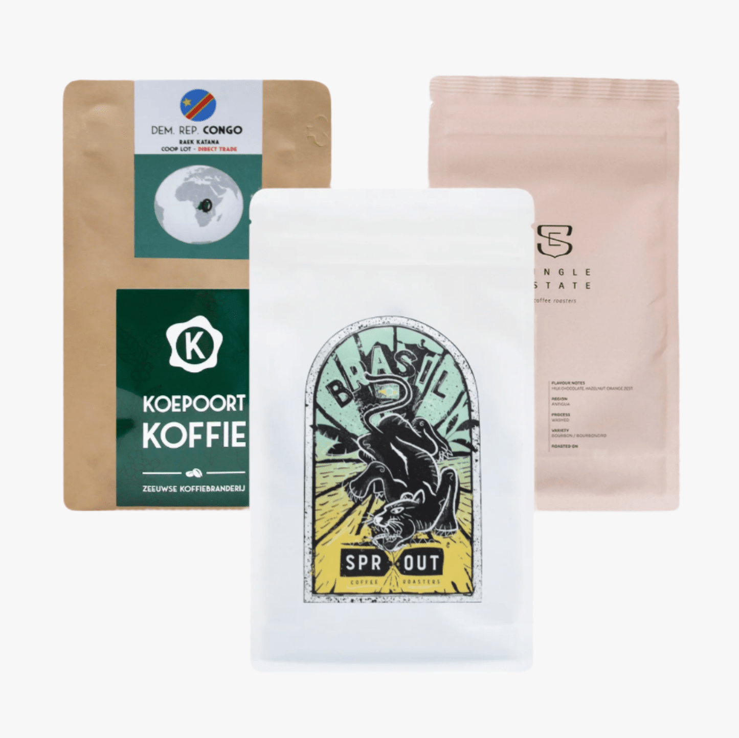 Sample pack - Specialty Koffie met 3 zakjes van 250g vers gebrande koffiebonen, inclusief smaken als chocolade, floraal en zoet fruit.