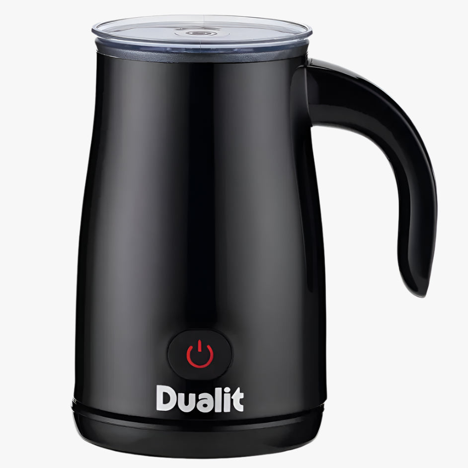 Dualit Melkopschuimer voor perfecte schuim met compact zwart ontwerp en antiaanbaklaag, ideaal voor elke moderne keuken.