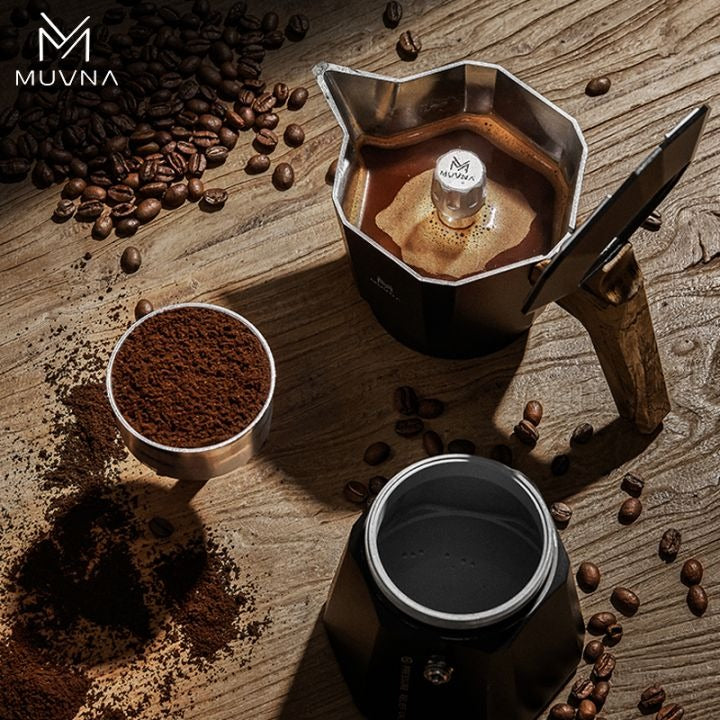 MUVNA - Mokapot met dubbele klep, 2 kopjes, zwart / gumwood MUVNA