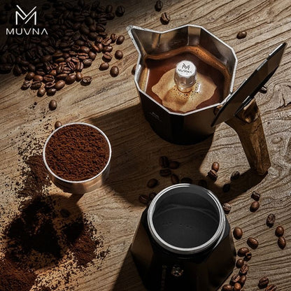 MUVNA - Mokapot met dubbele klep, 2 kopjes, zwart / gumwood MUVNA