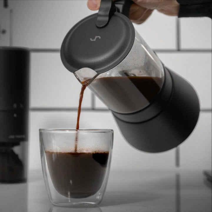 Joy Resolve - Transparante Moka/Mocha Pot van helder glas, zwart - 240 ml Koffie Kenner