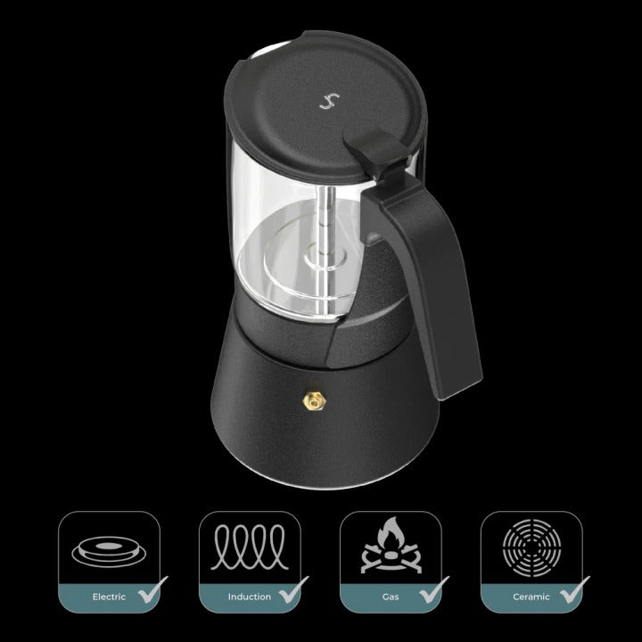 Joy Resolve - Transparante Moka/Mocha Pot van helder glas, zwart - 240 ml Koffie Kenner