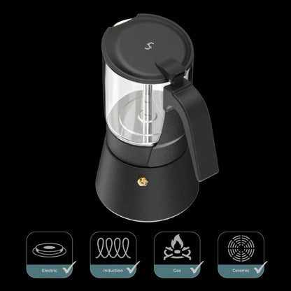 Joy Resolve - Transparante Moka/Mocha Pot van helder glas, zwart - 240 ml Koffie Kenner